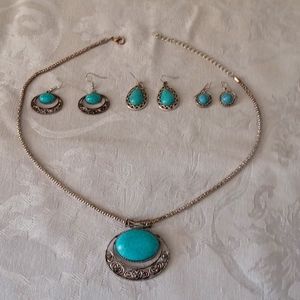 Costume Jewelry set Necklace and 3 pair earrings with faux Turquoise stone